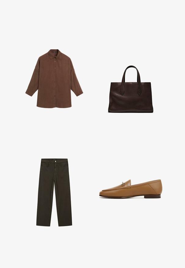 Brown button-up shirt with a collar, made of soft material, featuring a relaxed fit, long sleeves, and five buttons down the front.; Dark green wide-leg jeans made of cotton blend, featuring a front button closure, five pockets, and classic denim stitching.; Brown leather loafer with a sleek design, flat sole, and a metallic accent on the front. Smooth texture with clean lines and minimal detailing.; Brown leather tote bag with two elongated handles, structured rectangular shape, smooth texture, and subtle stitching details.
