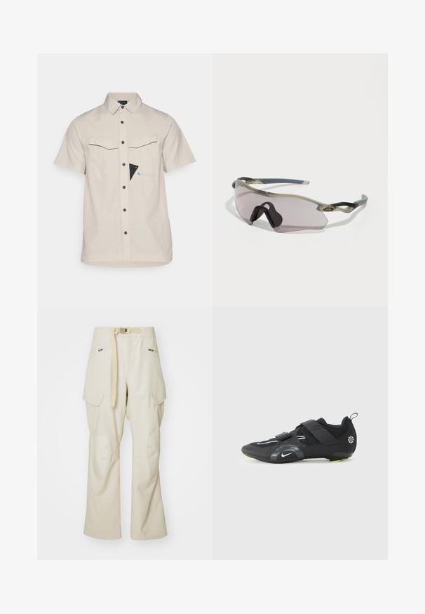 Camisa de manga corta beige con cuello, dos bolsillos frontales, botones negros y un acento triangular azul y negro en el bolsillo del pecho.; Pantalones cargo beige con pierna ancha, cintura ceñida por un cinturón, dos bolsillos laterales y parches en las rodillas. Textura suave con detalles de costura reforzada.; Zapatilla deportiva negra con parte superior de malla, dos correas de Velcro ajustables, acentos reflectantes y detalles verdes en la suela para tracción.; Gafas de sol con un marco gris translúcido, lentes tintados y diseño angular. Cuenta con una pieza nasal distintiva y patillas texturizadas en gris oscuro.