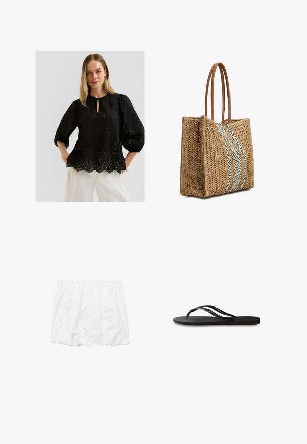 Schwarze gestickte Bluse mit rundem Ausschnitt und Schlüssel-Loch-Detail. Verfügt über Puffärmel und einen gewellten Saum mit ausgeschnittenen Mustern.; Weißes, schulterfreies Oberteil aus leichtem Stoff mit floraler Stickerei und gerafftem Design entlang des elastischen Halsausschnitts.; Schwarze Flip-Flops mit einer strukturierten Gummisohle, zwei schlanken Riemen und einem dezenten, geprägten Logo-Detail auf dem Riemen.; Gewebte natürliche Strohtasche mit braunen Ledergriffen, die ein diagonales schwarz-weißes geometrisches Streifenmuster aufweist. Offenes Oberteil-Design.