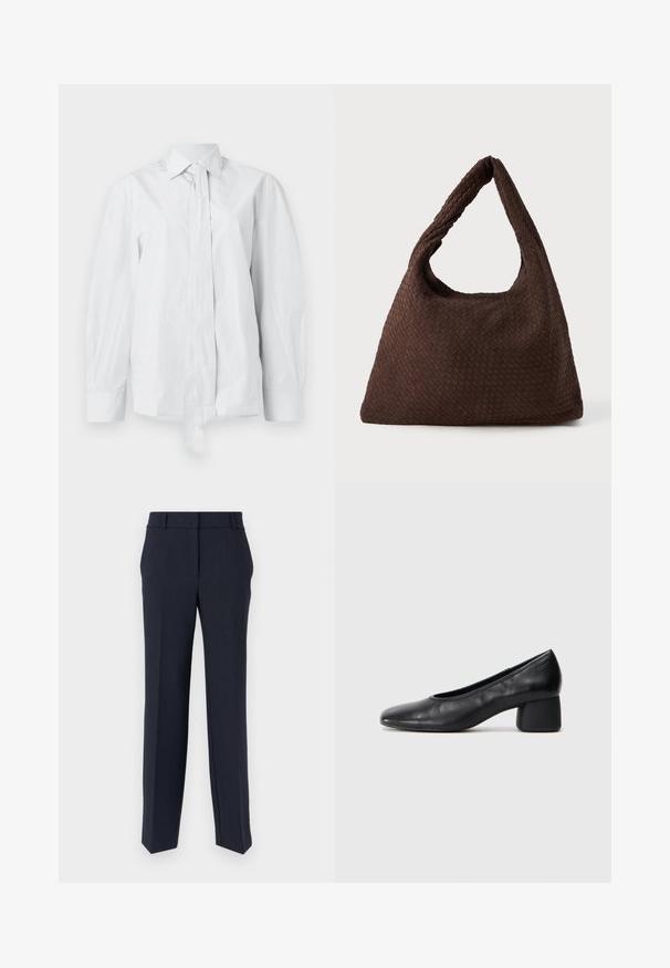 Fehér, hosszú ujjú ing klasszikus gallérral és megnyúlt elülső nyakkendővel. Simaságot biztosító anyagból készült, laza fazonú, mintázat nélkül.; Kék nyírt nadrág egyenes szabással, sima textúrával és lapos elülső résszel. Két oldalsó zsebettel és klasszikus derékpánt kialakítással rendelkezik.; Fekete bőr magassarkú cipő, lekerekített orral és közepes blokk sarkú. Simább textúrájú, minimális díszítéssel, finom elasztikus nyílással.; Barna fonott táska laza formával, egyetlen hurkos fogantyúval és textúrázott felülettel. A dizájn hobo stílusú, kiegészítő fémalkatrészek nélkül.
