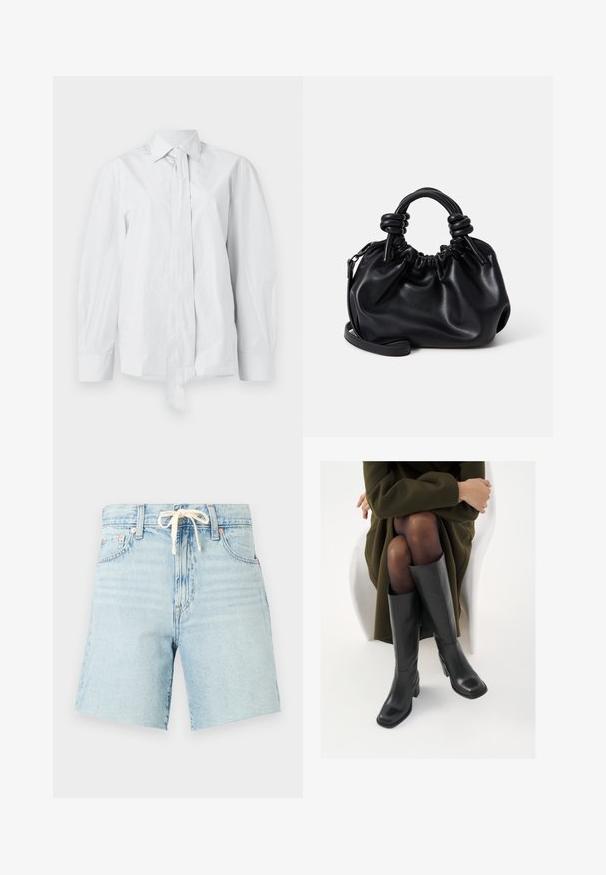 Bela srajca z dolgimi rokavi s klasičnim ovratnikom in podaljšano sprednjo zavezo. Narejena iz gladkega materiala, ima sproščen kroj in brez vzorcev.; Svetlo modri kavbojci s kratkimi hlačami in vrvico v pasu, rahlo raztrgan rob, in pet žepov. Imajo zbledel videz in naglavne zlitine v bakerju.; Črne usnjene čevlje do kolen s kvadratnim prstom in blok peto, prikazani na modelu, ki sedi v olivno zeleni plašču. Gladka tekstura, minimalne podrobnosti.; Črna usnjena torbica z nabranim dizajnom, kratkimi okroglimi ročaji in snemnim ramenskim trakom. Gladka tekstura z mehkimi oblikami.