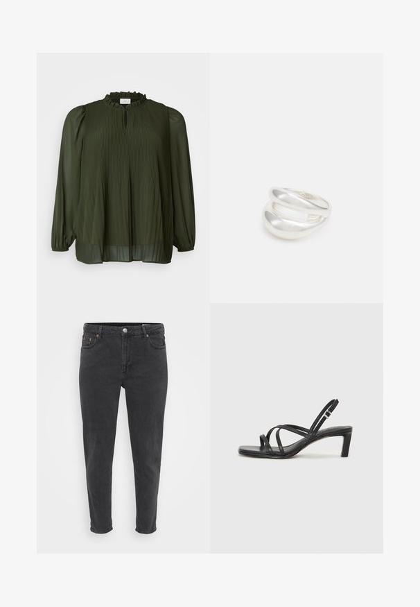 ONLY Carmakoma CARPIONA BLOUSE - Túnica - rosin; Jeans de mezclilla negros ajustados con botón frontal y cremallera, pasadores de cinturón y cinco bolsillos, mostrados sobre un fondo claro y liso.; Sandalia negra de tiras con punta cuadrada y tacón bajo de bloque. Presenta múltiples tiras delgadas y una correa ajustable en el tobillo. Fabricada en cuero suave.; Anillo de plata de doble banda con una superficie lisa y pulida. Presenta un diseño fluido y curvado con secciones superpuestas para un aspecto moderno.; Anillo de plata de doble banda con una superficie lisa y pulida. Presenta un diseño fluido y curvado con secciones superpuestas para un aspecto moderno.; Anillo de plata de doble banda con una superficie lisa y pulida. Presenta un diseño fluido y curvado con secciones superpuestas para un aspecto moderno.