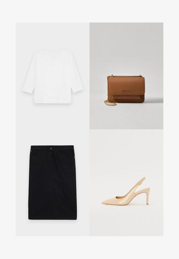 Balta, trijų ketvirtadalių rankovėmis, laisvai krentanti palaidinė su apvalia iškirpte ir maža angtele priekyje. Lygi tekstūra, be raštų.; Juodas džinsinis sijonas tiesiu pjūviu, su priekiniais sagčių ir užtrauktuku, penkiais kišeniais ir auksinėmis metalinėmis detalėmis šone.; Nude patentinės odos slingback kulniukai su smailiu pirštu, atviru vampu ir plonu stiletu. Papuošta apvaliu auksiniu akcentu ant dirželio.; Ruda tekstūruota odinė per petį nešama rankinė su auksiniu grandininiu dirželiu ir užlenkiamo užsegimo. Priekinėje pusėje yra logotipo detalė ir kišenė po užlenkimu.