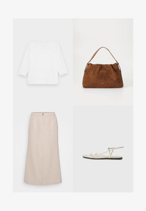 Hvit, trekvartlang erm, løstsittende topp med rund halslinning og en liten nøkkelhullåpning foran. Glatt tekstur, ingen mønstre.; Beige midi skjørt laget av strukturert stoff, med knappelukking, frontfolder og en enkel sidelomme for praktisk detalj.; Beige flate sandal med flere slanke stropper og en justerbar spenne. Sålen er flat med en svak mørk kontrast langs kanten.; Brun semsket håndveske med en samlet design, som har en enkelt tan lærrem og en subtil gull logo detalj på forsiden.