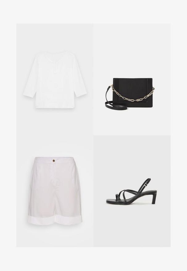 Valkoinen, kolme neljästä hihoista kookas paita, jossa on pyöreä pääntie ja pieni avaus edessä. Sujuva pinta, ei kuvioita.; Valkoiset puuvilla-shortsit, joissa on napin kiinnitys, sivutaskut ja taitetut lahkeiden reunat. Suora pinta ja muotoiltu istuvuus.; Mustat hihnalligat, joissa on neliön muotoinen kärki ja matala lohkokorko. Ominaisuuksiin kuuluu useita ohuita hihnoja ja säädettävä nilkkahihna. Valmistettu sileästä nahasta.; Musta nahkainen olkalaukku, jossa on sileä pinta, suorakulmainen muoto ja metalliketju yksityiskohtana edessä. Mukana säädettävä hihna.