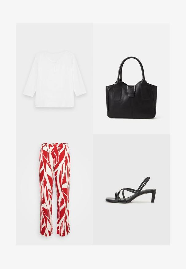 White, three-quarter sleeve, loose-fitting top with a rounded neckline and a small keyhole opening at the front. Smooth texture, no patterns.; Red and white patterned trousers with a leaf design, featuring a wide leg, elastic waistband, and lightweight fabric.; Black strappy sandal with a square toe and a low block heel. Features multiple thin straps and an adjustable ankle strap. Made of smooth leather.; Black leather tote bag with smooth texture, structured shape, two handles, and a prominent silver buckle detail on the front.