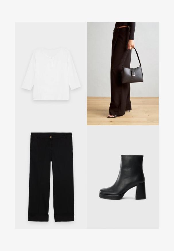 Balts, trīs ceturtdaļas piedurkņu, brīva piegriezuma tops ar noapaļotu kakla izgriezumu un nelielu atslēgas caurumu priekšpusē. Gluda tekstūra, bez rakstiem.; Melnas kokvilnas bikses ar taisnu kāju griezumu, aprīkotas ar priekšējām kabatām, zelta pogas aizdari un rullētām piedurknēm. Gluda tekstūra.; Melna ādas potīšu zābaku ar bloku papēdi un platformas zoli, skatīts no sāna uz vienkārša balta fona.; Melnā somiņa ar strukturētu formu, gludu tekstūru un metālu sprādzi. Saskaņota ar platām melnām biksēm un sandālēm ar atvērtu purngalu uz koka grīdas.