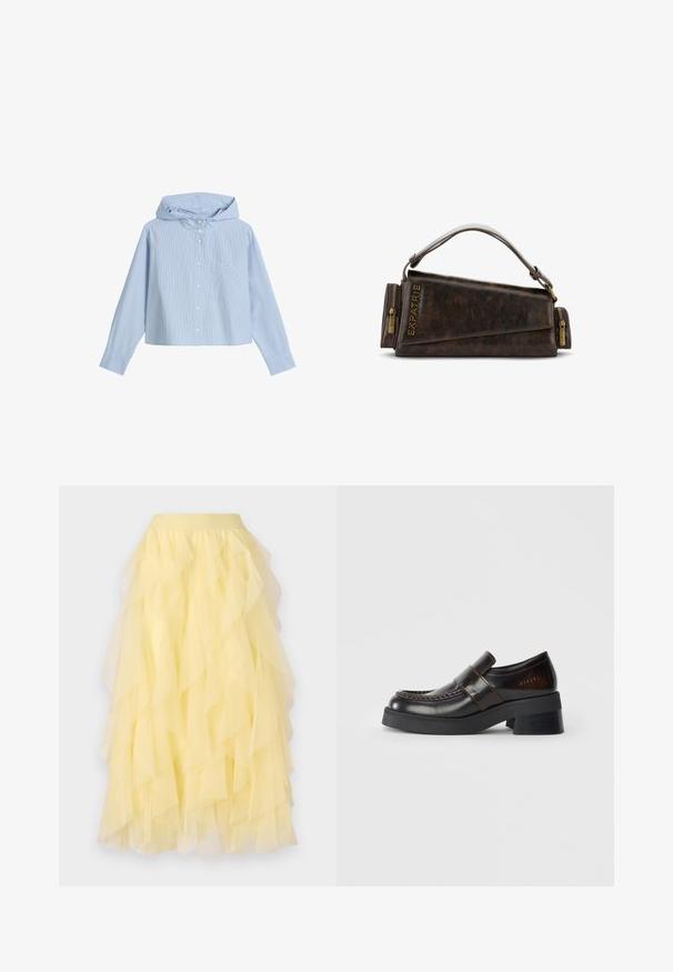 Gekürzte Button-Up-Hemd mit Kapuze, in hellblauen und weißen vertikalen Streifen, mit einer Brusttasche und langen Ärmeln mit geknöpften Manschetten.; Gelber, schichtenförmiger Rock aus durchsichtiger Tüllware, der eine schwingende Silhouette mit überlappenden Rüschen und einem elastischen Bund aufweist.; Braune Lederloafer mit einem dicken schwarzen Absatz, die über ein gestepptes Design und einen Riemen über dem Fußrücken für zusätzlichen Detailreichtum verfügen.; Braune Lederhandtasche mit geometrischem Design, ausgestattet mit einem oberen Griff und Messingreißverschluss-Akzenten. Logo ist an der Seite eingeprägt.; Goldfarbene Fossil-Uhr mit einem strukturierten, cremefarbenen Zifferblatt, schmalen Stundenmarkierungen und einer Krone. Sie verfügt über ein rundes Gehäuse mit einer gerippten Lünette.