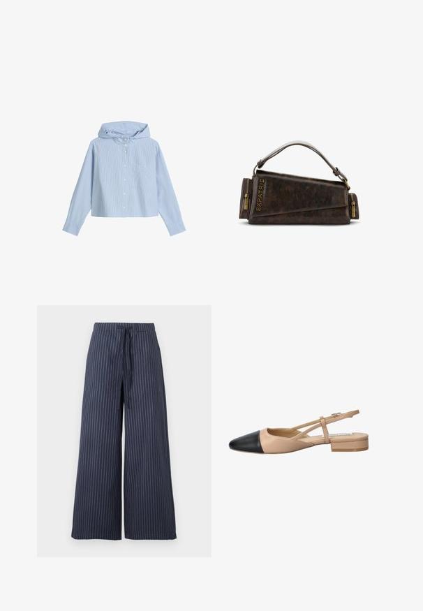 Camicetta corta con cappuccio, caratterizzata da strisce verticali blu chiaro e bianche, una tasca sul petto e maniche lunghe con polsini bottonati.; Pantaloni a gamba larga di colore blu navy con righe verticali bianche. Realizzati in un tessuto leggero, presentano una vita con cordoncino e una superficie liscia.; Scarpa slingback bicolore beige e nera con punta affilata, tacco piatto e dettaglio a fascia incrociata. Texture in pelle liscia.; Borsa a mano in pelle marrone con un design geometrico, caratterizzata da un manico superiore e dettagli in ottone sulla cerniera. Logo stampato a caldo sul lato.