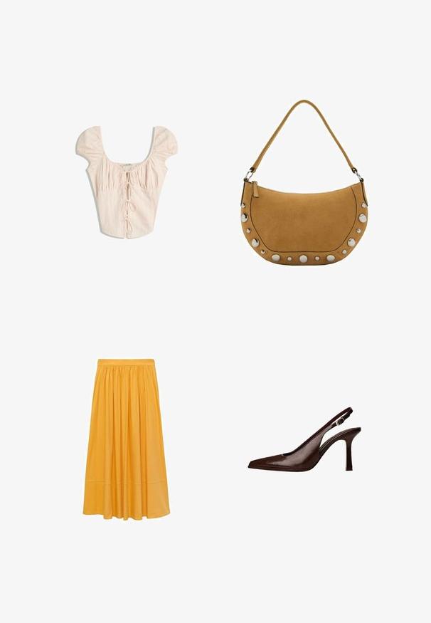 Lyserød bluse med pufærmer, firkantet halsudskæring og lodrette plisseringer. Har en bundet frontlukning med matchende stofbånd.; Sennepsgul midi nederdel, fremstillet af letvægtsstof, har en samlet talje og en flydende silhuet med en glat tekstur og subtil glans.; Brune læder slingback pumper med spids tå og en tynd hæl. Har en lille accentspænde på remmen og en blank finish.; Suedes, halvmåneformet håndtaske i tan, med en toplynlås, lang skulderrem og metalliske nitter langs bunden.