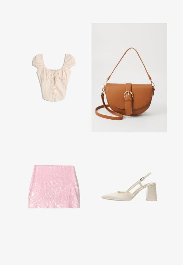Ljusrosa blus med puffärmar, fyrkantig ringning och vertikala veck. Har en knytning framtill med matchande tygband.; Lila paljettminikjol med vertikal ribbad textur, som har en figurnära silhuett och glittrande paljetter över ytan.; Beiga slingback-skor med spetsig tå, glänsande lackfinish, medelhög blockklack och justerbar rem. Minimalistisk design med öppna sidor.; Brun läder crossbody-väska med en böjd form, gyllene detaljer och en spänneaccent. Har en avtagbar axelrem.
