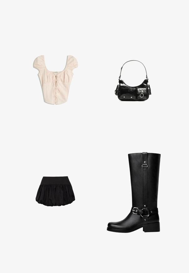 Vaaleanpunainen paita, jossa on puffattuja hihoja, neliön muotoinen pääntie ja pystyröyhelöitä. Siinä on sidottava etukiinnitys, jossa on samaa kangasta olevat nauhat.; Musta minihame, jossa on rakenteellinen vyötärö ja tilava, kokoontuva muotoilu. Valmistettu kevyestä kankaasta, jossa on sileä pinta.; Pitkät mustat keinonahkabootsit, joissa on pyöreä kärki, vyösolkiyksityiskohta ja iso korko. Suora pinta ja pystysauma varressa.; Mustekko mustasta kiiltonahasta valmistettu käsilaukku, jossa on kaareva muoto, yksi olkahihna, etutaskut ja hopeanväriset yksityiskohdat.