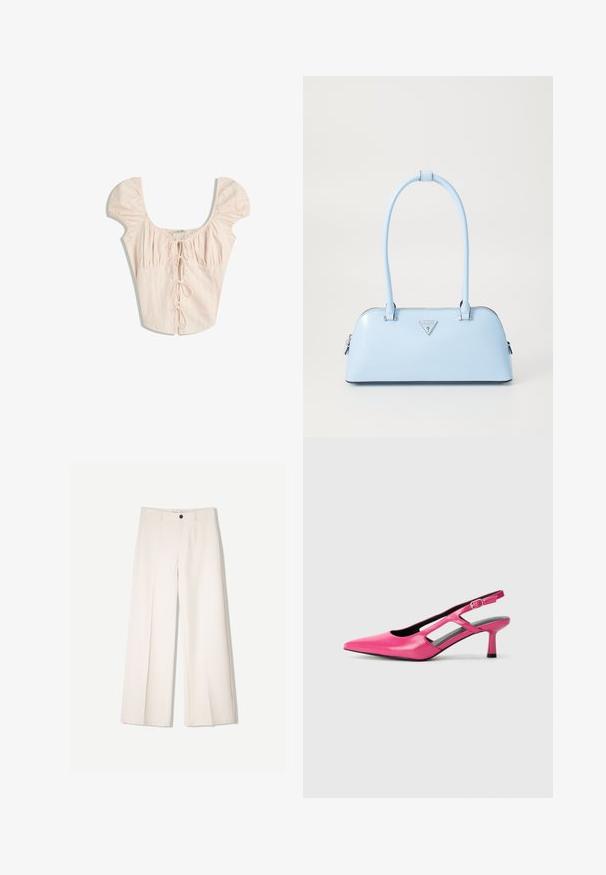 Bluză roz deschis cu mâneci bufante, guler pătrat și pliuri verticale. Are un închidere frontală legată cu bentițe din același material.; Pantaloni largi de culoare crem, cu un design croit, având două buzunare la față și o închidere cu un singur nasture în față, realizați dintr-un material neted.; Pantofi cu toc înalt din piele roz, cu vârf ascuțit, detalii cu decupaj și toc mic. Textură netedă și sistem de prindere cu cataramă ajustabilă.; Geantă de mână bleu deschis, cu o formă structurată, din piele netedă, două mânere și un logo de brand triunghiular pe față. Închidere cu fermoar.