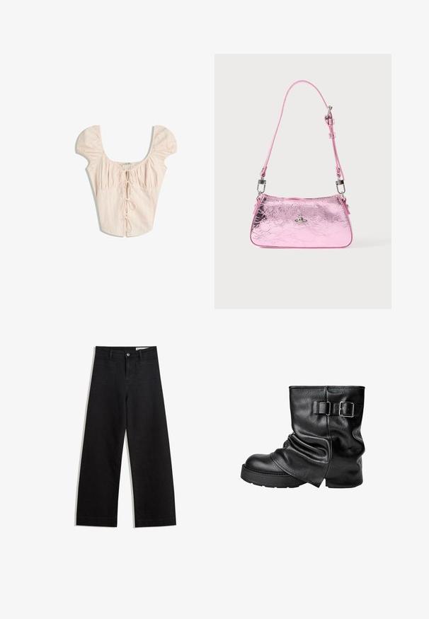 Svetloružová blúzka s vypasovanými rukávmi, štvorcovým výstrihom a vertikálnymi záhybmi. Obsahuje zaväzovanie vpredu s látkovými šnúrkami v rovnakom odtieni.; Čierne denimové nohavice s širokými nohavicami a vysokým pásom, so prednými a zadnými vreckami, šitými švami a zapínaním na gombík. Hladká textúra.; Čierne kožené členkové čižmy s uvoľneným dizajnom, štvorcovou špičkou a bočným prackovým detailom. Hrubá podšívka poskytuje dodatočnú výšku a stabilitu.; Ružová kovová kabelka s vráskavou textúrou, nastaviteľným remienkom a strieborným kovaním. Na prednej strane má malú odznak.