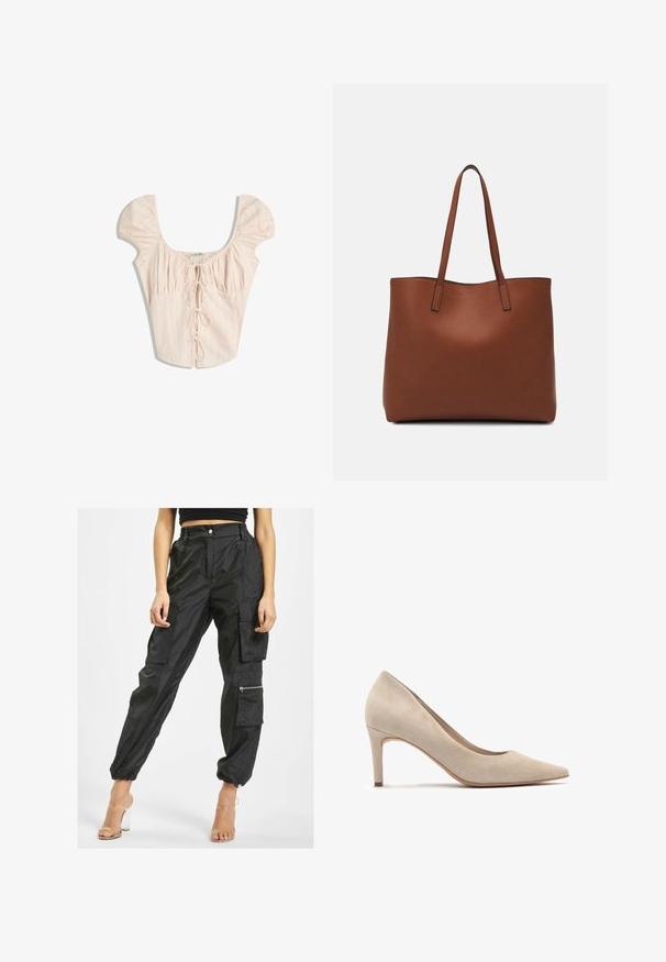 Bluză roz deschis cu mâneci bufante, guler pătrat și pliuri verticale. Are un închidere frontală legată cu bentițe din același material.; Pantaloni cargo negri, confecționați dintr-un material ușor, prezintă multiple buzunare, manșete elastice și un buzunar cu fermoar pe lateral pentru o funcționalitate sporită.; Pump din suede bej cu toc înalt și vârf ascuțit de 7 cm. Textură netedă, design minimalist și o siluetă uniformă.; Geantă de umăr din piele maro cu o textură netedă, design cu vârf deschis și două curele pentru umăr. Prezintă cusături minime și fără componente metalice vizibile.