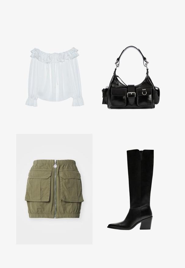 Weiße schulterfreie Bluse aus glattem Stoff, mit Rüschenausschnitt, Kordelzug vorne und elastischen Bündchen an den Ärmeln.; HUGO RAFINI - Minirock - open green; Schwarze kniehohe Stiefel aus glattem Leder, mit spitzem Schuhbund, einem Blockabsatz und einem V-förmigen Ausschnitt an der Oberseite.; Schwarze Lederhandtasche mit glänzender Oberfläche, zentralem Druckknopf, zwei Fronttaschen und einem kurzen Schultergurt.