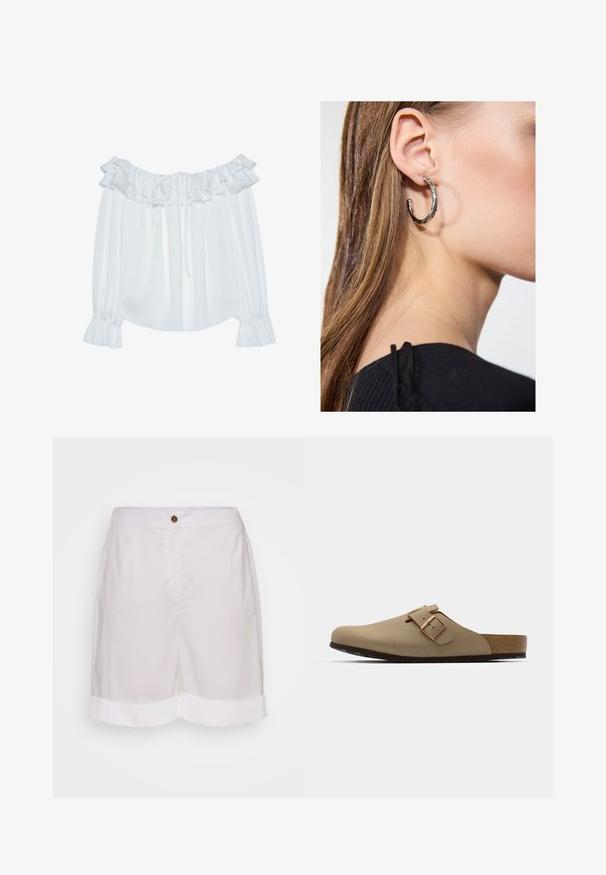 Hvit off-the-shoulder bluse laget av glatt stoff, med volangkrage, snor i front og elastiske mansjetter på ermene.; Hvite bomullsshorts med knappelukking, med sidelommer og brettede ermer. Jevn tekstur og skreddersydd passform.; Beige tresko med rund tå, justerbar spenne og korksåle. Teksturert overflate med sort gummisåle for grep.; Sølv ringøredob med en polert finish, med små gull detaljer og en rund form, båret på øreflippen.