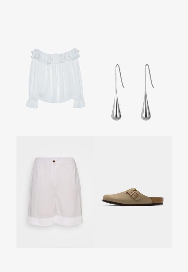 Vit off-the-shoulder-blus i mjuk tyg, med rynkad krage, dragsko fram och elastiska manschetter.; Vita bomullsshorts med knappstängning, som har sidofickor och vikta fållar. Slät textur och skräddarsydd passform.; Beiga träskor med rund tå, justerbar spänne och korkfotbädd. Texturerad yta med en svart gummisula för bra grepp.; Silverfärgade tårformade örhängen med en polerad yta och avlång form, utrustade med en krok för säker bärning. Ytan är slät och reflekterande.