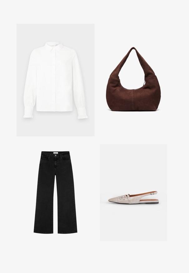 Camicia bianca a maniche lunghe con colletto e polsini arricciati, presentata su uno sfondo grigio chiaro uniforme.; Jeans neri a vita alta con gamba larga, tasche frontali e per monetine, chiusura con bottone e passanti per cintura.; Scarpa slingback beige chiaro con punta allungata, una morbida texture in suede, dotata di due fibbie decorative e un tacco basso e piatto.; Borsa hobo in suede marrone con una maniglia curva e larga e un'ampia apertura. Tessuto morbido con dettagli di cucitura visibili lungo i bordi.