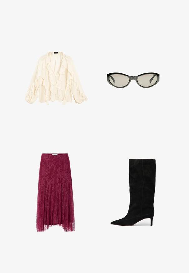 Massimo Dutti FLOWING GARMENT WITH RUFFLES - Chemisier - beige; Jupe en dentelle bourgogne avec motif floral, superposition en tissu transparent et design plissé. Dispose d'une taille cintrée et d'une silhouette fluide.; Botte en daim noir montante avec un bout pointu et un talon stiletto mince. Présente des coutures minimales et une texture lisse sur toute sa surface.; Lunettes de soleil noires en forme de chat avec des verres teintés gris. La monture en plastique présente des bords nets et une finition lisse et brillante.