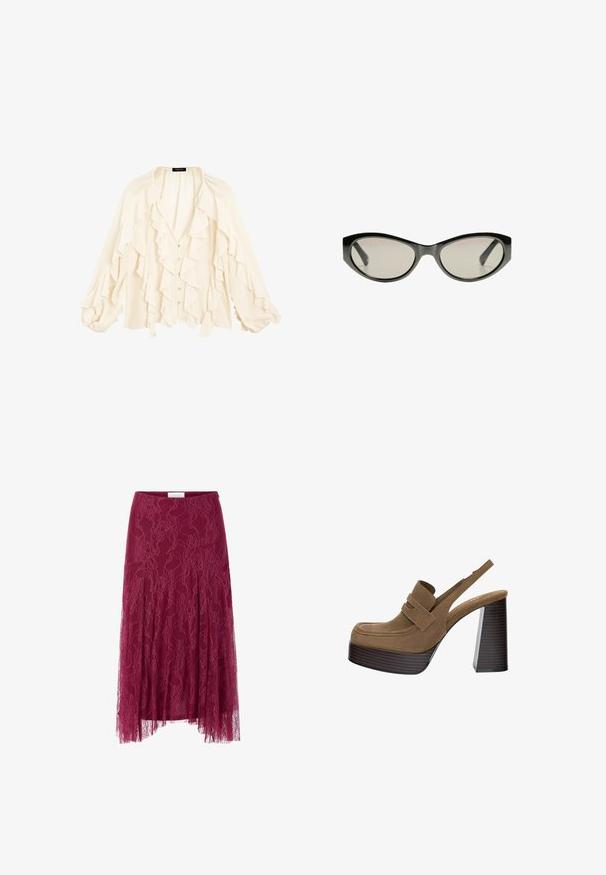 Massimo Dutti FLOWING GARMENT WITH RUFFLES - Overhemdblouse - beige; Bordeaux kanten rok met bloemenpatroon, doorschijnende stof overlay en geplooid ontwerp. Kenmerkend voor een getailleerde tailleband en een vloeiende silhout. ; Bruine suède platform hakken met een dikke, geribbelde blokhak en een brede band over de bovenkant, met een ronde neus.; Zwarte cat-eye zonnebril met grijs getinte glazen. Plastic montuur met scherpe hoeken en een gladde, glanzende afwerking.