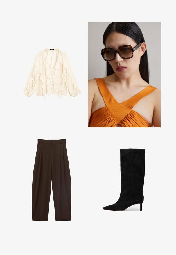 Massimo Dutti FLOWING GARMENT WITH RUFFLES - Hemdbluse - beige; Braune, hoch taillierte Hose mit Falten, aus glattem Stoff. Lässige Passform, gerade Beinform, mit Gürtelschlaufen und Reißverschluss.; Schwarze Wildleder-Stiefel bis zum Knie mit einer spitzen Zehe und schmalem Stiletto-Absatz. Sie verfügen über minimale Nähte und eine durchgehend glatte Textur.; Braune Schildkrötensonnenbrille im Übergrößenformat mit einem breiten rechteckigen Rahmen und gefärbten Gläsern. Goldfarbenes Logo-Detail an der Seite.