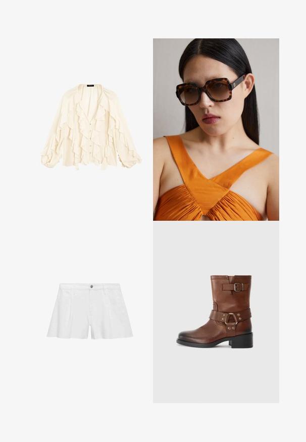 Massimo Dutti FLOWING GARMENT WITH RUFFLES - Košilová halenka - beige; Bílé bavlněné šortky s volným střihem, které mají přední kapsy, zapínání na knoflík a ploché švy pro hladký vzhled.; Hnědá kožená kotníková bota s kulatou špičkou, bočním detailem s přezkou a nízkým blokovým podpatkem. Hladký povrch s kontrastními kovovými akcenty.; Hnědé želvovinové sluneční brýle v oversize stylu s širokým obdélníkovým rámem a gradientními skly. Zlatý logo detail na boku.; Hnědá semišová taška přes rameno se třemiúhelníkovým designem, prodlouženými ramenními popruhy a velkým otevřeným vrchem s výřezem pro rukojeť.