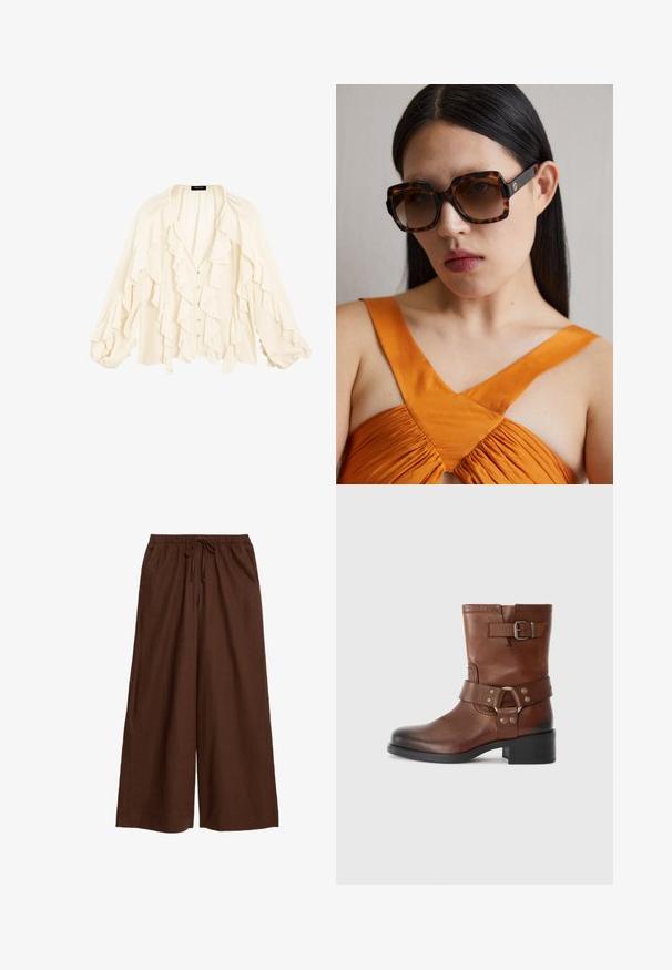 Massimo Dutti FLOWING GARMENT WITH RUFFLES - Button-down blouse - beige; Brown wide-leg trousers made of lightweight fabric, featuring an elasticated waistband with a drawstring and side pockets.; Brown leather ankle boot with a rounded toe, side buckle detail, and a low block heel. Smooth finish with contrasting metallic accents.; Brown tortoiseshell oversized sunglasses with a wide rectangular frame and gradient lenses. Gold logo detail on the side.; Brown suede tote bag featuring a triangular design, elongated shoulder straps, and a large open top with a cut-out handle detail.
