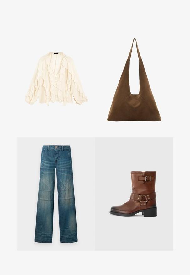 Massimo Dutti FLOWING GARMENT WITH RUFFLES - Overhemdblouse - beige; Wijdvallende spijkerbroeken in medium blauw, met een vervaagde afwerking, patchwork naden en een klassieke vijf-pocket design met een knoopsluiting.; Bruine leren enkellaars met een ronde neus, zijgespasje detail en een lage blokhak. Gladde afwerking met contrasterende metalen accenten.; Bruine suède schoudertas met een driehoekig ontwerp, verlengde schouderbanden en een grote open bovenkant met een uitgesneden handgreep detail.