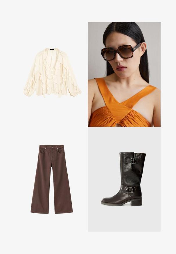 Massimo Dutti FLOWING GARMENT WITH RUFFLES - Skjorta - beige; Bruna vida byxjeans i denim. Har fem fickor, dragkedja och metallnitar. Slät textur och klassisk design.; Bruna läderstövlar som går upp till knäet med rund tå, en detalj med sidospänne och en kraftig klack. Slät textur med metalliska accenter på remmen.; Bruna sköldpaddsmönstrade solglasögon i storlek oversized med en bred rektangulär båge och gradientlinser. Guldlogo på sidan.