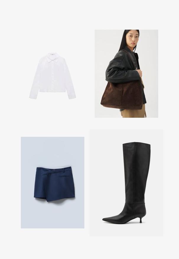 Cămașă albă cu mânecă lungă, având un guler clasic, butoniere centrale și material neted, cu o margine ușor scurtată.; Shorts bleumarin, cu un fason drept, buzunare laterale și un buzunar din spate. Țesătură netedă cu un aspect croit și detalii cusute.; Botine negre din piele, până la genunchi, cu vârf ascuțit și toc kitten. Textură netedă și design minimalist, fără hardware sau accente vizibile.; Femeie îmbrăcată cu o jachetă de piele neagră și pantaloni bej poartă o geantă mare din suede maro pe umăr.