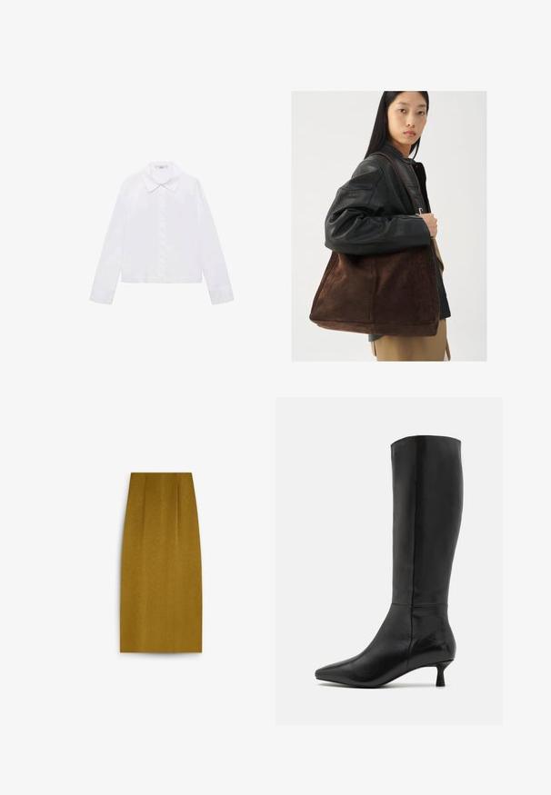 White long-sleeve shirt featuring a classic collar, central button placket, and smooth fabric with a slightly cropped hem.; Knee-length mustard-yellow pencil skirt with a smooth texture, featuring a straight silhouette and subtle front pleats.; Zign Boots - black; Woman wearing black leather jacket and beige trousers carries large brown suede tote bag over shoulder.