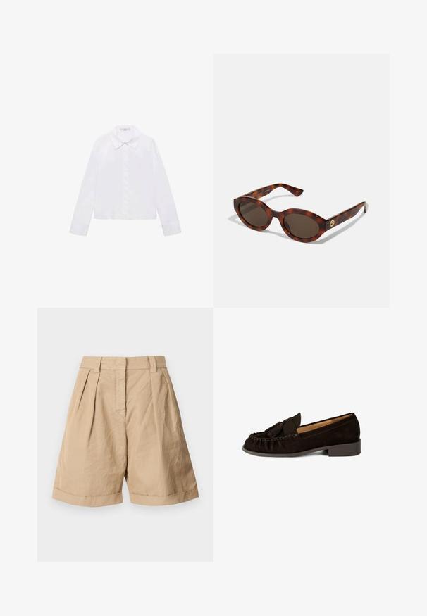 Bijela košulja dugih rukava s klasičnom ovratnikom, središnjim gumbima i glatkom tkaninom koja se završava malo iznad struka.; Bež lanene hlače kratke s visokim strukom, dva prednja nabora i preklopljenim rukavima. Glatka tekstura s krojenim dizajnom.; Smešćeni smeđi antilop mokasini sa zaobljenim vrhom, naboranim detaljima i malim ukrasom od rese. Imaju nisku, lagano podignutu petu.; Tortna dioptrijske naočale s okruglim okvirom, tamnim sočivima i zlatnim logotipom na krakovima. Glatki plastični materijal, bez vidljivih uzoraka.