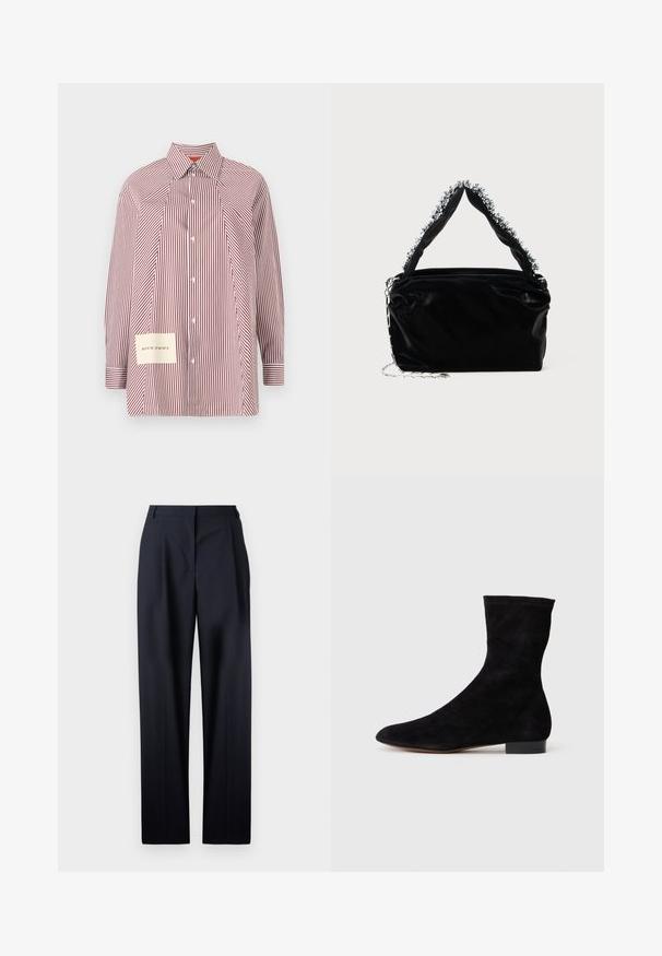 Gestreiftes Hemd in Rot und Weiß mit langen Ärmeln, einem Kragen und einem Patch mit Koordinaten auf der linken unteren Seite.; OFFICINE GENERALE NEW SOPHIE FRESCO - Stoffhose - dark navy; Schwarze Wildleder-Ankelboots mit einem enganliegenden Schaft, spitzer Zehenform und niedrigem Blockabsatz. Glatte Textur und minimalistisches Design, geeignet für vielseitige Styles.; Schwarze Handtasche aus Kunstleder mit strukturiertem Finish, ausgestattet mit einem mit Perlen verzierten silbernen Akzent am oberen Griff und einem Kettenriemen.