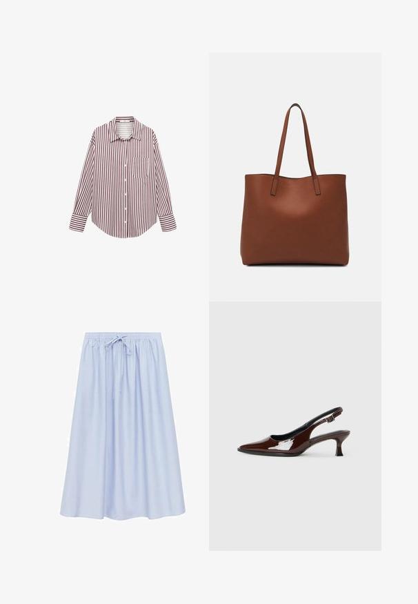 Långärmad skjorta i krämfärgade och burgundy vertikala ränder. Har en framficka, knappslå och krage. Tyget är en bomullsblandning.; Ljusblå, knälång kjol med avslappnad passform, med resårmidja och justerbara snörningar. Slät, lättviktsmaterial.; Brun lackläder slingback-sko med spetsig tå och en måttlig klack. Utrustad med en spännband för säker passform. Slät textur.; Brun läder tote-väska med en slät textur, öppen toppdesign och två axelremmar. Har minimal söm och ingen synlig metalldetalj.