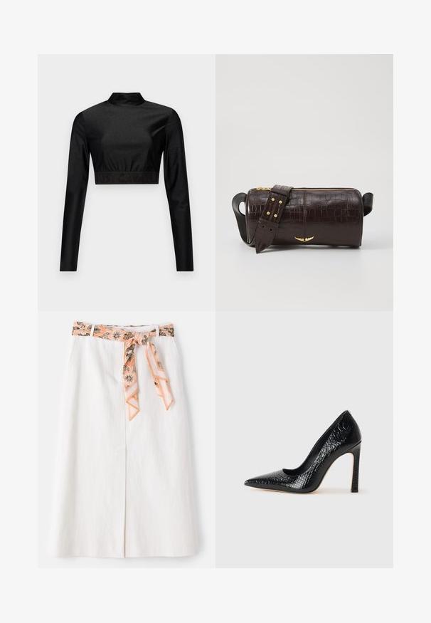 Čierny crop top vyrobený z lesklého materiálu s dlhými rukávmi a stojačikom. Obsahuje rebrový lem s logom "JUST CAVALLI" v čiernej farbe.; Biely midi sukne s vzorovaným hodvábnym opaskom v páse. Má rovný strih a jemnú textúru. Bez viditeľných zapínaní.; Čierna lodička s špicatou špičkou a lakovanou textúrou krokodíla, s elegantným dizajnom, vysokým stiletto podpätkom a hladkým čiernym interiérom.; Hnedá taška z kože s embosovaným vzorom krokodíla, cylindrického tvaru, so zlatými hardvérovými doplnkami a odnímateľným popruhom so štítkami.