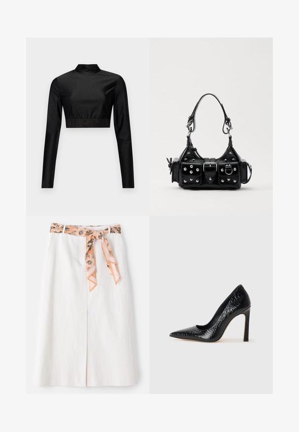 Top scurt negru din material strălucitor, cu mâneci lungi și guler înalt. Prezintă un tiv răsucit cu logo-ul "JUST CAVALLI" în negru.; Fustă midi albă cu un cravată din mătase cu model la talie. Are un croi drept și o textură subtilă. Fără închideri vizibile.; Pantofii cu toc înalt, ascuțiți, de culoare neagră, cu textură de piele de crocodil, având un design elegant, toc în stil stiletto și interior neted de culoare neagră.; Geantă de piele neagră cu un design curbat, dotată cu studuri argintii, o cataramă și două buzunare laterale. Curea ajustabilă pentru opțiuni de transport.