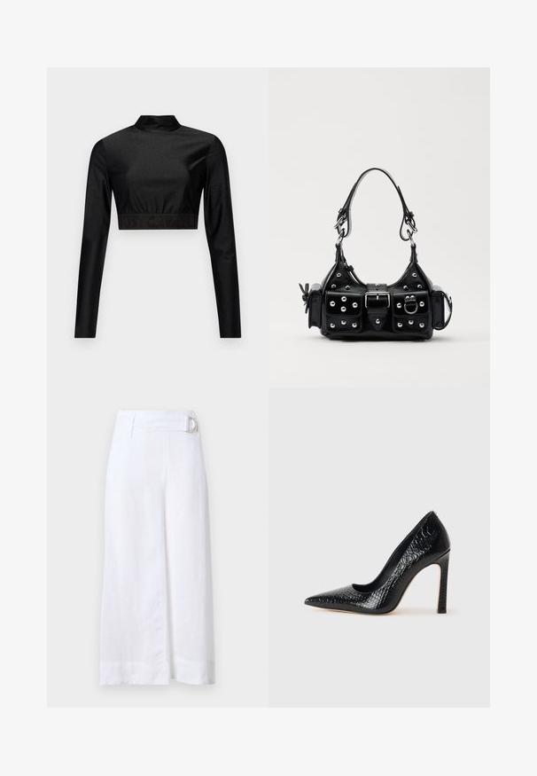 Crni kratki top od sjajnog materijala s dugim rukavima i stojećim ovratnikom. Ima rebrasti rub s crnim logotipom "JUST CAVALLI".; Bijele platnene culotte hlače širokog kroja, s remenom s kružnom metalnom kopčom i ravnim prednjim nabranjima.; Crne visoke potpetice s oštrim prstima, od teksture krokodilske kože, elegantnog dizajna, visoke stiletto potpetice i glatkog crnog unutrašnjosti.; Crna kožna torba s zakrivljenim dizajnom, koja sadrži srebrne zakovice, kopču i dva bočna džepa. Podesiva traka za različite opcije nošenja.