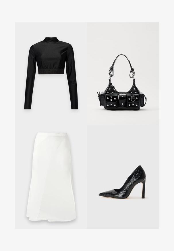 Čierny crop top vyrobený z lesklého materiálu s dlhými rukávmi a stojačikom. Obsahuje rebrový lem s logom "JUST CAVALLI" v čiernej farbe.; Biela áčková sukňa s jemnými švovými detailmi a hladkou textúrou, vystavená na jednoduchom svetlosivom pozadí.; Čierna lodička s špicatou špičkou a lakovanou textúrou krokodíla, s elegantným dizajnom, vysokým stiletto podpätkom a hladkým čiernym interiérom.; Čierna kožená kabelka s zakriveným dizajnom, doplnená striebornými cvočkami, prackou a dvoma bočnými vreckami. Nastaviteľný popruh poskytuje rôzne možnosti nosenia.