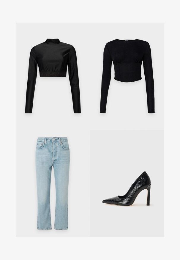 Juodas trumpas viršus, pagamintas iš blizgaus audinio, su ilgomis rankovėmis ir imitaciniu kaklu. Savybės: susiraukšlėjęs apatinis kraštas su juodu "JUST CAVALLI" logotipu.; Juoda ilgomis rankovėmis trumpa palaidinė, pagaminta iš tekstūruoto audinio, su prigludusia forma ir surinkimu krūtinės srityje.; Šviesiai mėlynos džinsinės kelnes su tiesiomis kojomis, turinčiomis penkis kišenes, mygtuko uždarymą ir išblukusį paviršių. Kraštai yra tvarkingai apdirbti.; Juoda smailiakulnė aukšto kulno bateliai su krokodilo odos tekstūra, pasižymintys elegantišku dizainu, aukštu stiletu kulnu ir lygia juoda vidine dalimi.