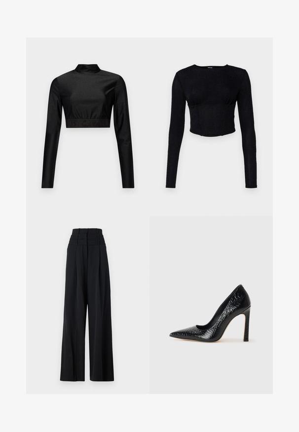 Zwarte crop top van glanzend materiaal met lange mouwen en een hoge hals. Voorzien van een geribbelde zoom met het "JUST CAVALLI" logo in het zwart.; Zwarte lange mouwen crop top van gestructureerde stof, met een getailleerd ontwerp en plooidetails bij de buste.; Zwarte wide-leg broeken met een hoge taille, voorzien van plooien aan de voorkant en een gladde textuur. Geen zichtbare logo's of patronen.; Zwarte puntige hoge hak schoen met een krokodillenleren textuur, met een slank ontwerp, hoge stiletto-hak, en een gladde zwarte binnenkant.