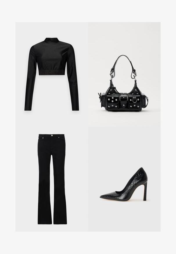 Black crop top made of shimmering material with long sleeves and a mock neck. Features a ribbed hem with "JUST CAVALLI" logo in black.; Black flared jeans made of denim, featuring two front pockets, a button closure, and a smooth texture. Signature stitching visible at seams.; Black pointed-toe high heel shoe with a crocodile-skin texture, featuring a sleek design, high stiletto heel, and smooth black interior.; Black leather handbag with a curved design, featuring silver studs, a buckle, and two side pockets. Adjustable strap for carrying options.