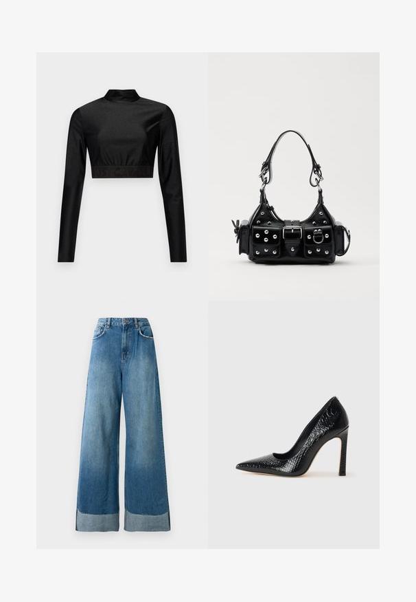Černý crop top vyrobený z třpytivého materiálu s dlouhými rukávy a límcem. Má žebrovaný lem s logem "JUST CAVALLI" v černé barvě.; Džínové kalhoty s vysokým pasem a širokými nohavicemi v modré barvě, s předními kapsami, zapínáním na knoflík a viditelným vybledlým detailem na lemu.; Černý lodičkový bot s špičatou špičkou, pokrytý texturou krokodýlí kůže, s elegantním designem, vysokým stiletto podpatkem a hladkým černým interiérem.; Černá kožená kabelka s křivkovým designem, zdobená stříbrnými hřebíky, s přezkou a dvěma bočními kapsami. Nastavitelný popruh pro různé možnosti nošení.