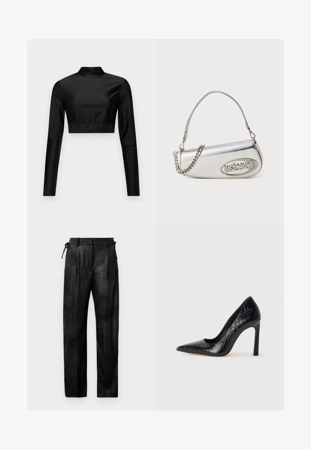 Top scurt negru din material strălucitor, cu mâneci lungi și guler înalt. Prezintă un tiv răsucit cu logo-ul "JUST CAVALLI" în negru.; Pantaloni negri, cu talie înaltă, confecționați dintr-un material texturat. Au un croi drept, pliuri și un șnur ajustabil la talie.; Pantofii cu toc înalt, ascuțiți, de culoare neagră, cu textură de piele de crocodil, având un design elegant, toc în stil stiletto și interior neted de culoare neagră.; Geantă de mână metalică argintie cu o formă triunghiulară rotundă, având un logo, curea din lanț și o textură netedă. Închidere cu fermoar pe lateral.