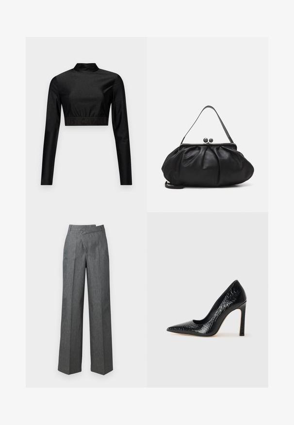 Black crop top made of shimmering material with long sleeves and a mock neck. Features a ribbed hem with "JUST CAVALLI" logo in black.; Wide-leg trousers in dark gray fabric, featuring a high waist, front pleats, and a single button closure on the side.; Black pointed-toe high heel shoe with a crocodile-skin texture, featuring a sleek design, high stiletto heel, and smooth black interior.; Black leather handbag with a rounded, pleated design. Features a metallic clasp with two decorative balls and a slim, detachable strap.