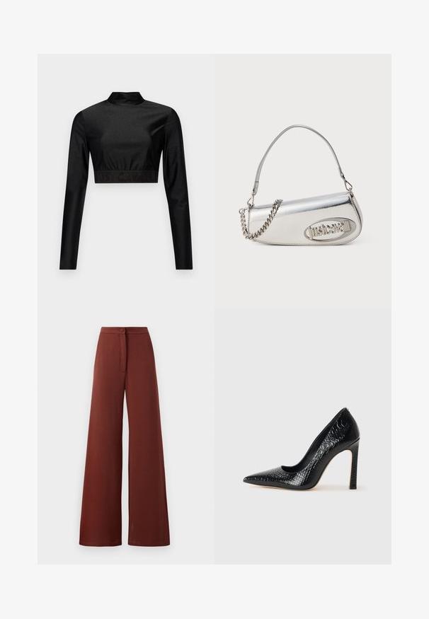 Czarny krótki top z błyszczącego materiału, z długimi rękawami i stójką. Posiada prążkowany dół z czarnym logo "JUST CAVALLI".; Spodnie o szerokim kroju w ciemnoczerwonym kolorze, z zapięciem na guziki i detalem sznurowania z przodu. Gładka tekstura z luźnym fasonem.; Czarne szpilki z ostrym noskiem, pokryte teksturą skóry krokodyla, charakteryzujące się eleganckim wzornictwem, wysokim obcasem w stylu stiletto oraz gładkim czarnym wnętrzem.; Srebrna metaliczna torebka o zaokrąglonym trójkątnym kształcie, z logo, łańcuszkowym paskiem i gładką teksturą. Zamek błyskawiczny z boku.