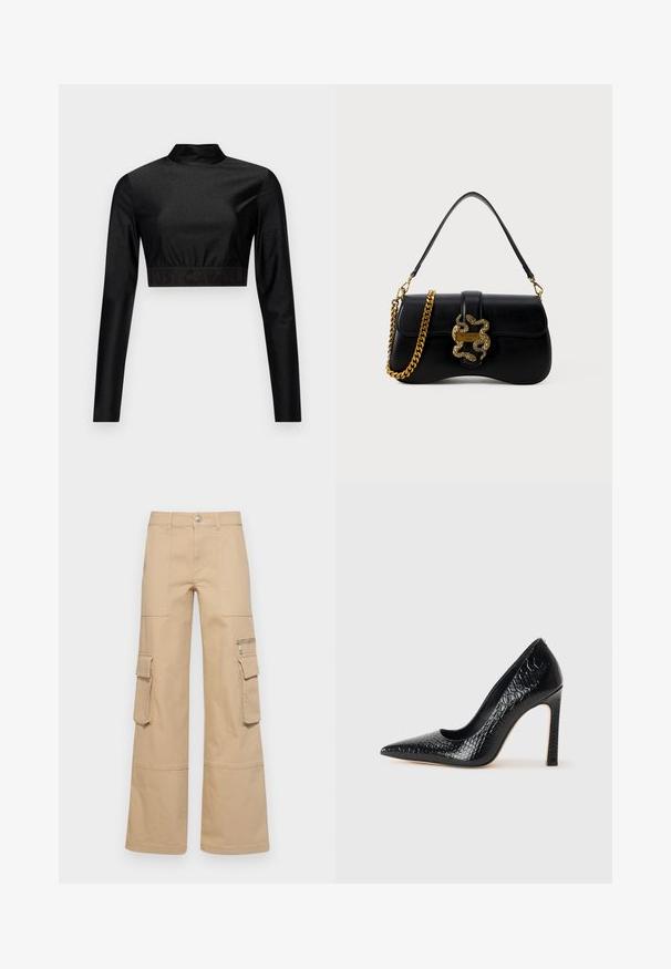 Črn crop top iz sijočega materiala z dolgimi rokavi in ovratnikom. Ima rebrast rob z logotipom "JUST CAVALLI" v črni barvi.; MAX&Co. REGIO - Hlačami s stranskimi žepi - beige; Črne čevlje z visoko peto in konico v obliki puščice, z teksturo krokodilje kože, ki se ponašajo s sleek oblikovanjem, visokim stiletto peto in gladkim črnim notranjostjo.; Črna usnjena torbica s krivuljo, zlatim značajem v obliki kače in verižnim paščkom. Ima preklopno zapiranje z metalnim logotipom.