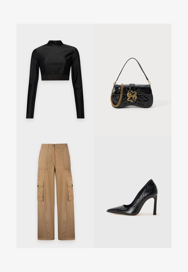 Black crop top made of shimmering material with long sleeves and a mock neck. Features a ribbed hem with "JUST CAVALLI" logo in black.; Khaki cargo pants with wide legs, feature two side pockets, a button closure, and a smooth, durable fabric texture.; Black pointed-toe high heel shoe with a crocodile-skin texture, featuring a sleek design, high stiletto heel, and smooth black interior.; Black faux leather handbag with embossed wave pattern, gold-tone chain strap, and a decorative snake-shaped clasp featuring logo detail.