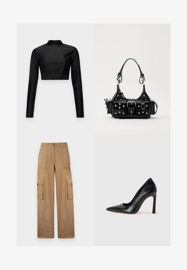 Black crop top made of shimmering material with long sleeves and a mock neck. Features a ribbed hem with "JUST CAVALLI" logo in black.; Khaki cargo pants with wide legs, feature two side pockets, a button closure, and a smooth, durable fabric texture.; Black pointed-toe high heel shoe with a crocodile-skin texture, featuring a sleek design, high stiletto heel, and smooth black interior.; Black leather handbag with a curved design, featuring silver studs, a buckle, and two side pockets. Adjustable strap for carrying options.
