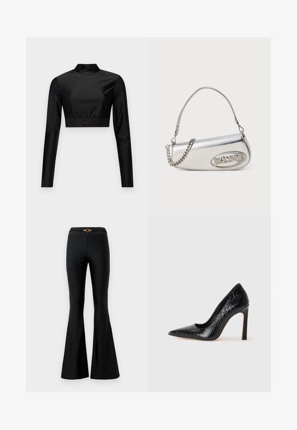 Černý crop top vyrobený z třpytivého materiálu s dlouhými rukávy a límcem. Má žebrovaný lem s logem "JUST CAVALLI" v černé barvě.; Černé rozšířené kalhoty s hladkou texturou, které mají pevný pas a zlatý kruhový akcent vpředu. Vyrobeno z elastického materiálu.; Černý lodičkový bot s špičatou špičkou, pokrytý texturou krokodýlí kůže, s elegantním designem, vysokým stiletto podpatkem a hladkým černým interiérem.; Stříbrná metalická kabelka s zaobleným trojúhelníkovým tvarem, obsahující logo, řetízkový popruh a hladký povrch. Uzávěr na zip na boku.